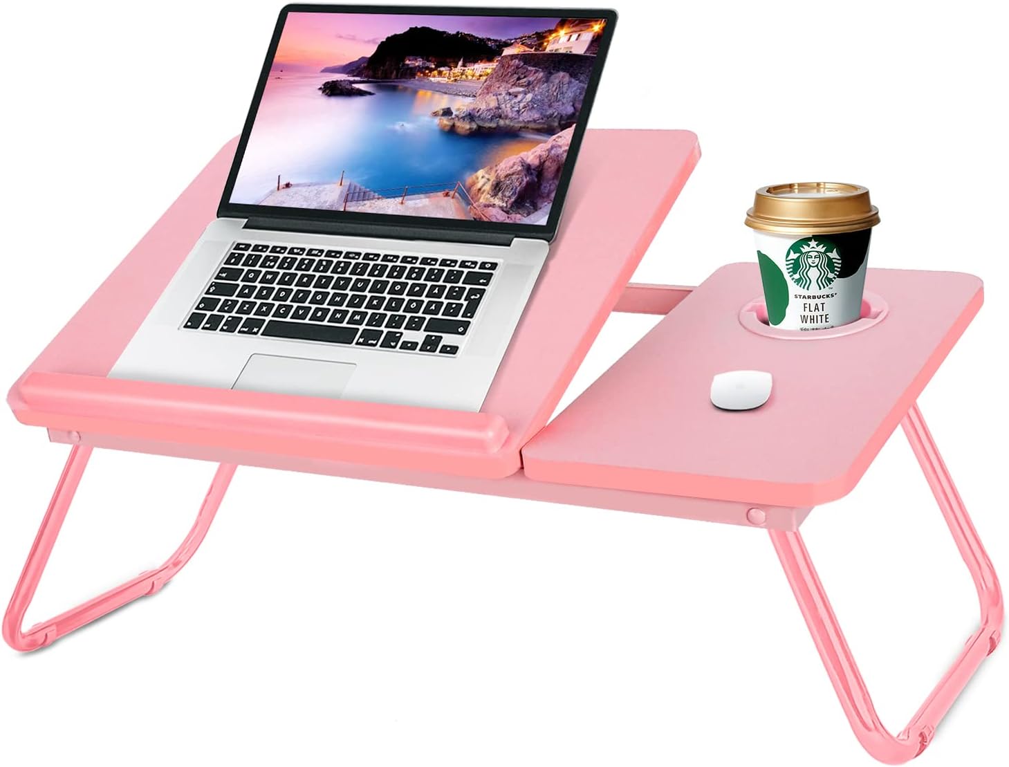 Practical split‑top folding lap desk with angle‑adjustable panel, lockable metal legs and non‑slip feet, ideal for laptop work, snacks and reading in bed or on the sofa.