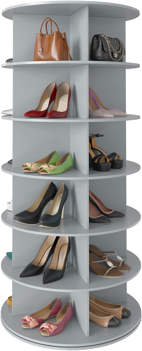 Space‑saving 7‑tier rotating shoe rack made of sturdy solid board, 360‑degree spinning access for shoes, bags and hats, quick‑assembly modern storage for your closet.