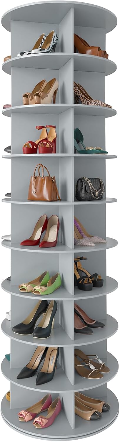 Space‑saving 7‑tier rotating shoe rack made of sturdy solid board, 360‑degree spinning access for shoes, bags and hats, quick‑assembly modern storage for your closet.