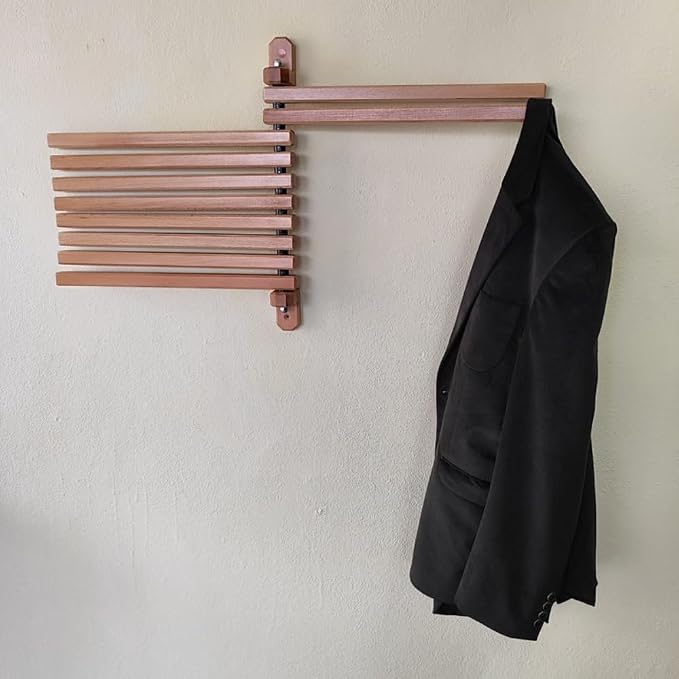 Space-saving wall-mounted wooden drying rack with flexible swivel arms, easy installation and large hanging capacity, perfect for tidy bathrooms and laundry rooms.