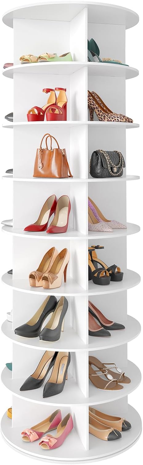 Space‑saving 7‑tier rotating shoe rack made of sturdy solid board, 360‑degree spinning access for shoes, bags and hats, quick‑assembly modern storage for your closet.
