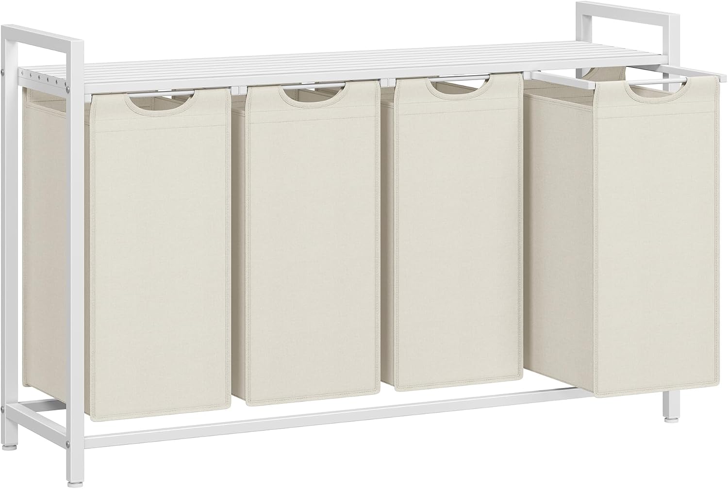 Laundry hamper with ventilated top shelf, removable washable fabric bags, robust steel‑MDF frame holding 44 lbs and adjustable feet for tidy bedroom, bathroom and utility‑room storage.