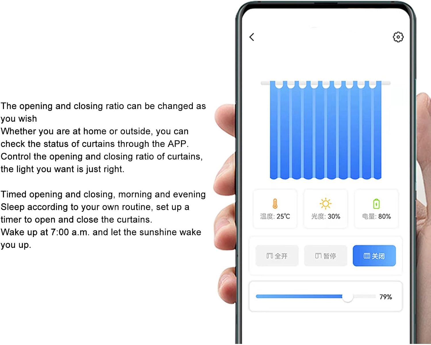Wireless smart curtain motor with voice & app control, automatic light sensing, precise opening adjustment and ultra-quiet 25dB operation, easy wire-free installation for home automation.