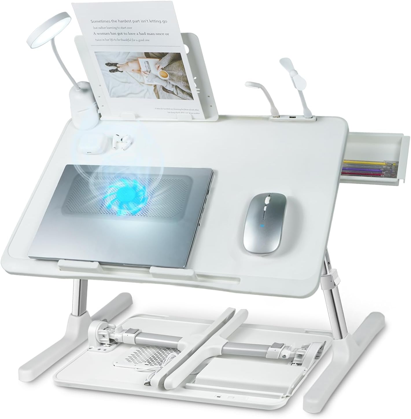Ergonomic folding lap desk with cooling fan, dimmable USB LED lamp, adjustable height‑tilt and storage drawer, stable for laptop work in bed or on your sofa.