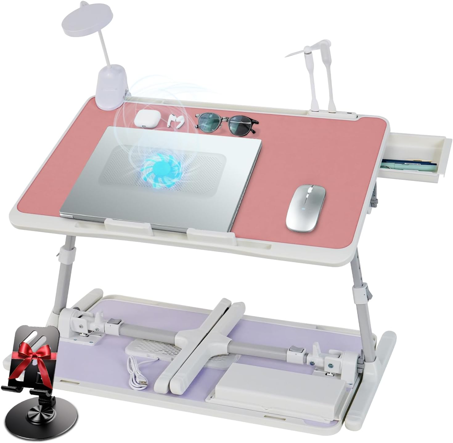 Ergonomic folding lap desk with cooling fan, dimmable USB LED lamp, adjustable height‑tilt and storage drawer, stable for laptop work in bed or on your sofa.