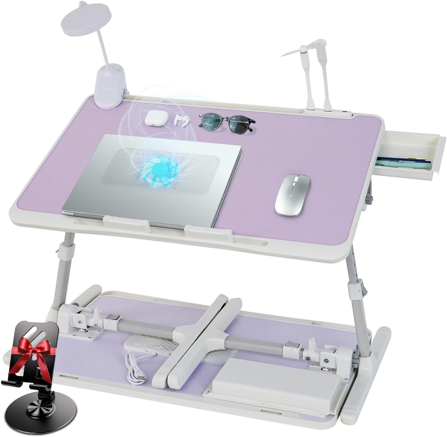 Ergonomic folding lap desk with cooling fan, dimmable USB LED lamp, adjustable height‑tilt and storage drawer, stable for laptop work in bed or on your sofa.