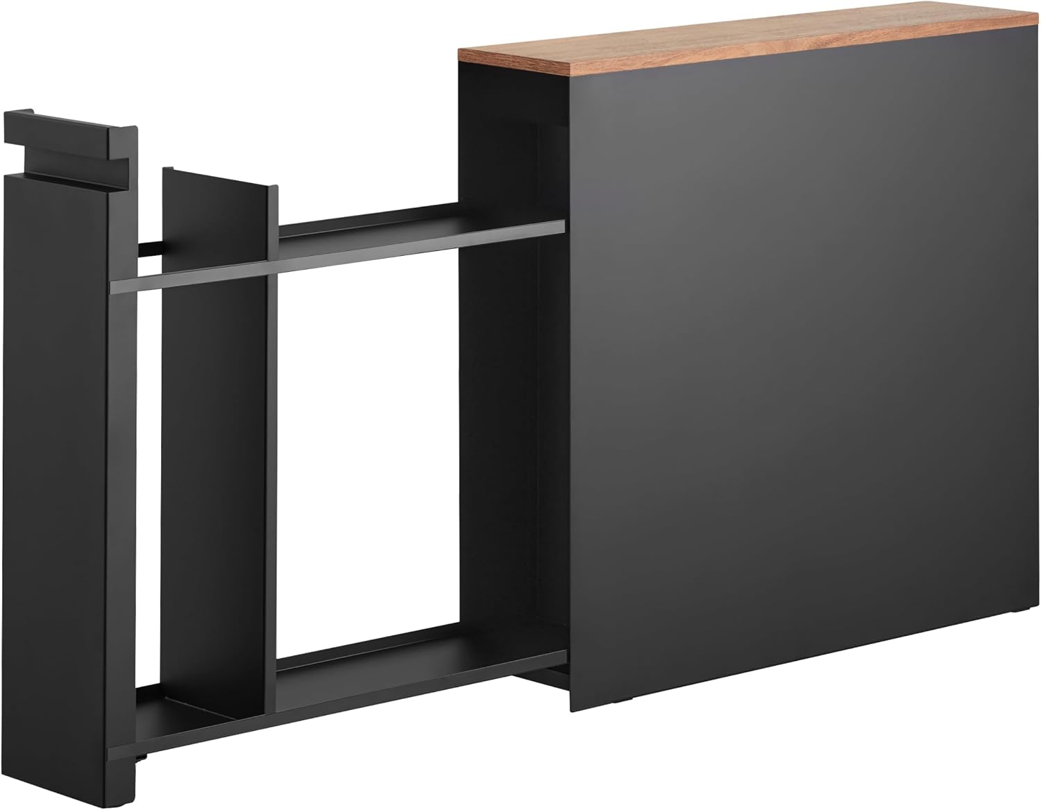 Space‑slim pull‑out bathroom storage cabinet holds toilet rolls & cleaning gear, with magnetic sides and decorative natural wood‑effect top for tidy modern bathrooms.