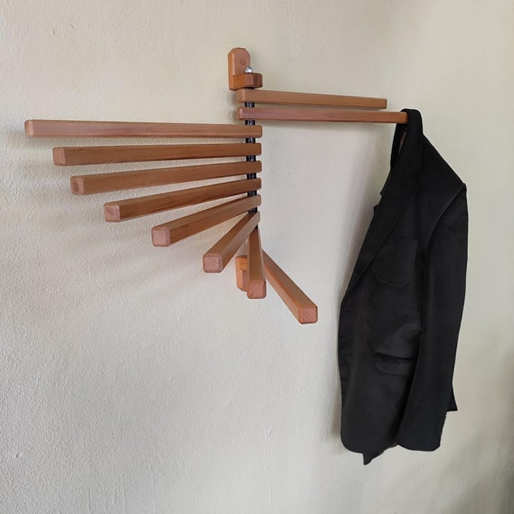 Space-saving wall-mounted wooden drying rack with flexible swivel arms, easy installation and large hanging capacity, perfect for tidy bathrooms and laundry rooms.