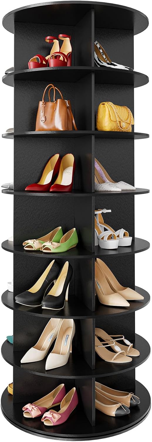 Space‑saving 7‑tier rotating shoe rack made of sturdy solid board, 360‑degree spinning access for shoes, bags and hats, quick‑assembly modern storage for your closet.