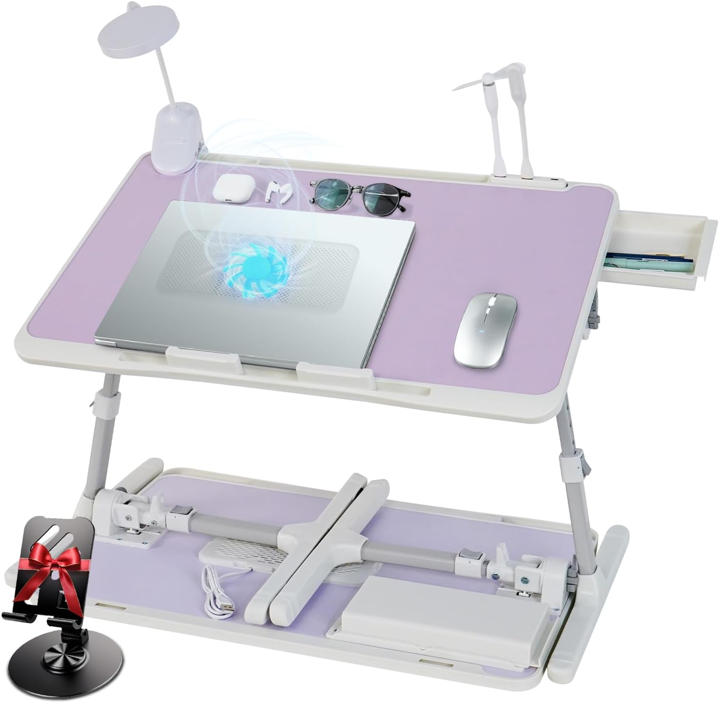 Ergonomic folding lap desk with cooling fan, dimmable USB LED lamp, adjustable height‑tilt and storage drawer, stable for laptop work in bed or on your sofa.