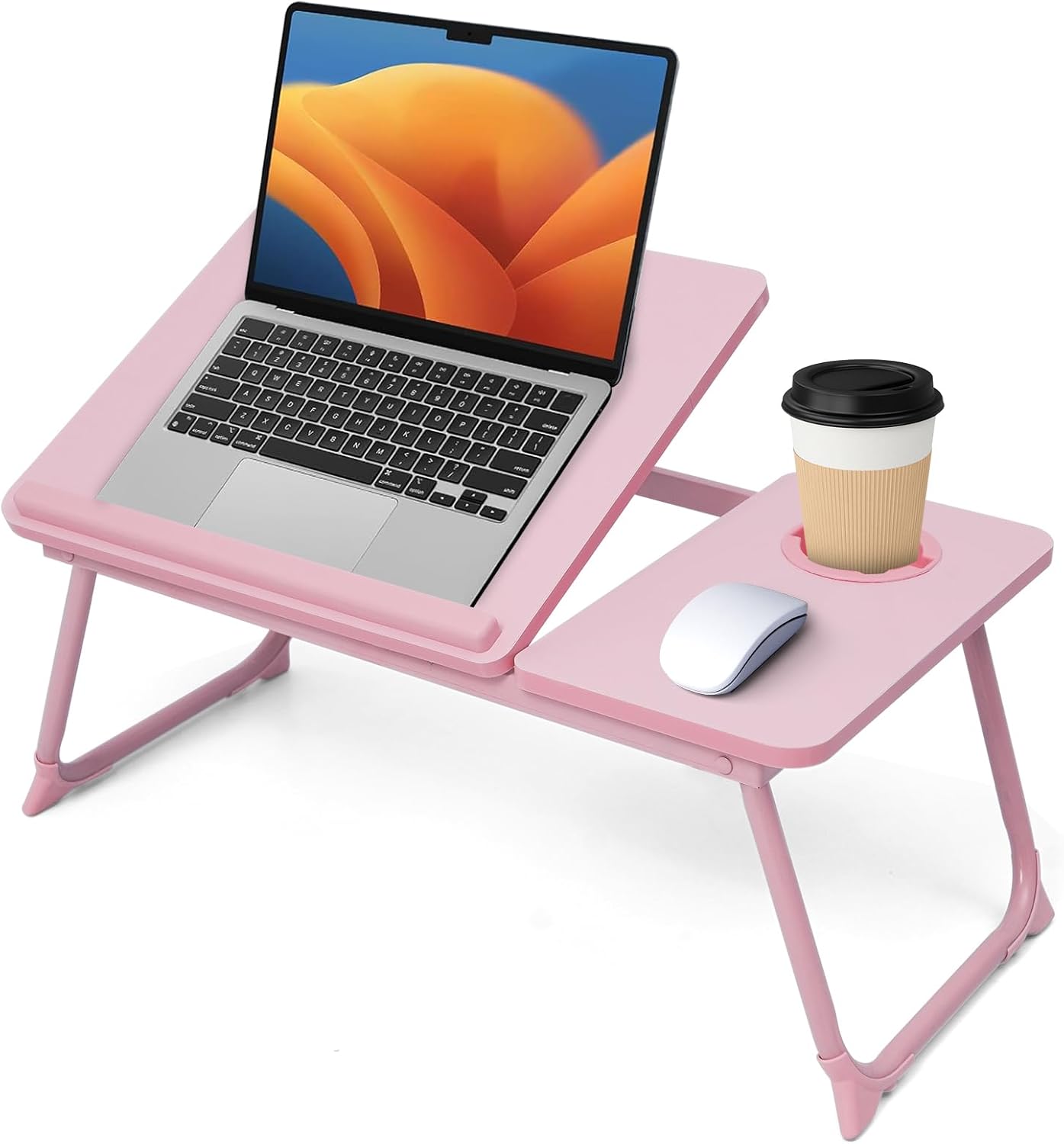 Practical split‑top folding lap desk with angle‑adjustable panel, lockable metal legs and non‑slip feet, ideal for laptop work, snacks and reading in bed or on the sofa.