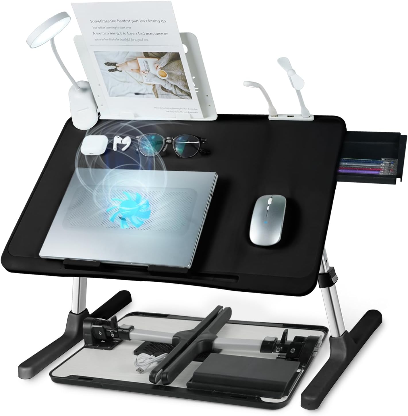 Ergonomic folding lap desk with cooling fan, dimmable USB LED lamp, adjustable height‑tilt and storage drawer, stable for laptop work in bed or on your sofa.