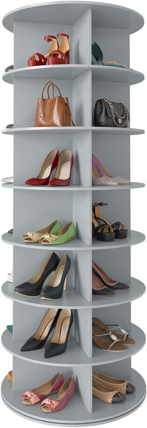Space‑saving 7‑tier rotating shoe rack made of sturdy solid board, 360‑degree spinning access for shoes, bags and hats, quick‑assembly modern storage for your closet.