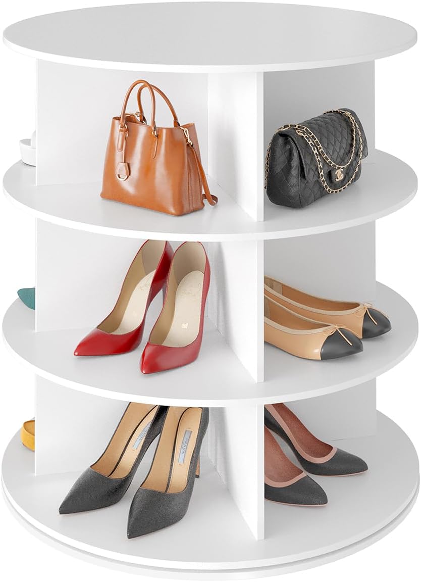 Space‑saving 7‑tier rotating shoe rack made of sturdy solid board, 360‑degree spinning access for shoes, bags and hats, quick‑assembly modern storage for your closet.