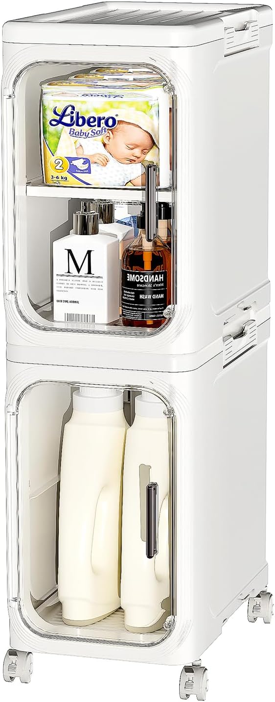 Versatile slim rolling storage cabinet with double doors and removable shelves, portable wheeled design perfect for organising narrow bathroom, kitchen, laundry and corner small spaces.