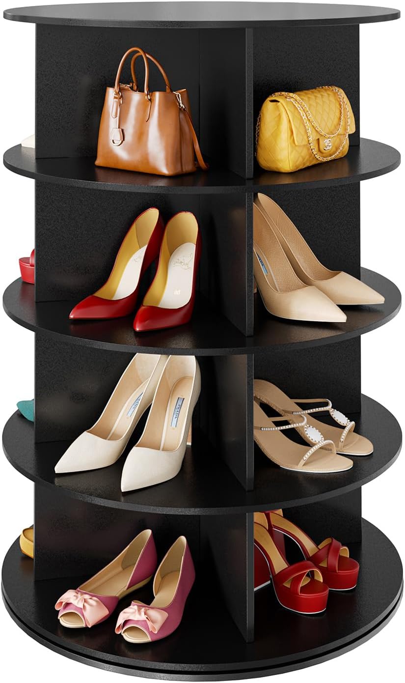 Space‑saving 7‑tier rotating shoe rack made of sturdy solid board, 360‑degree spinning access for shoes, bags and hats, quick‑assembly modern storage for your closet.