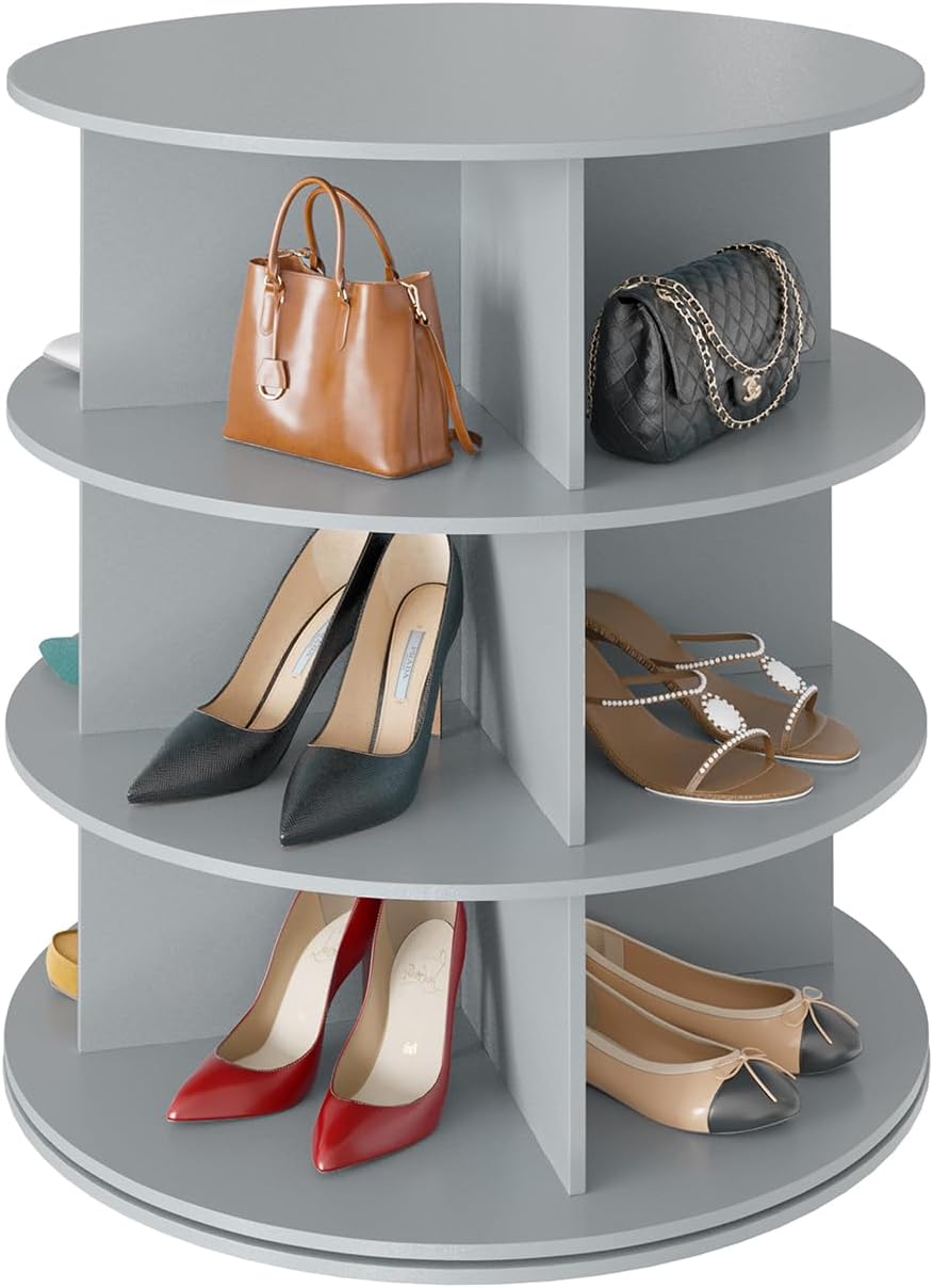 Space‑saving 7‑tier rotating shoe rack made of sturdy solid board, 360‑degree spinning access for shoes, bags and hats, quick‑assembly modern storage for your closet.