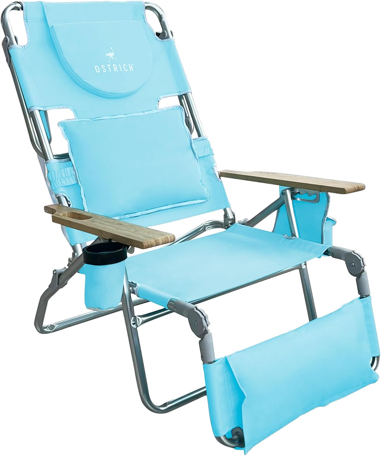 Portable reclining beach chair with face‑down feature, aluminium frame, cup holder and storage pockets for outdoor lounging and camping trips.