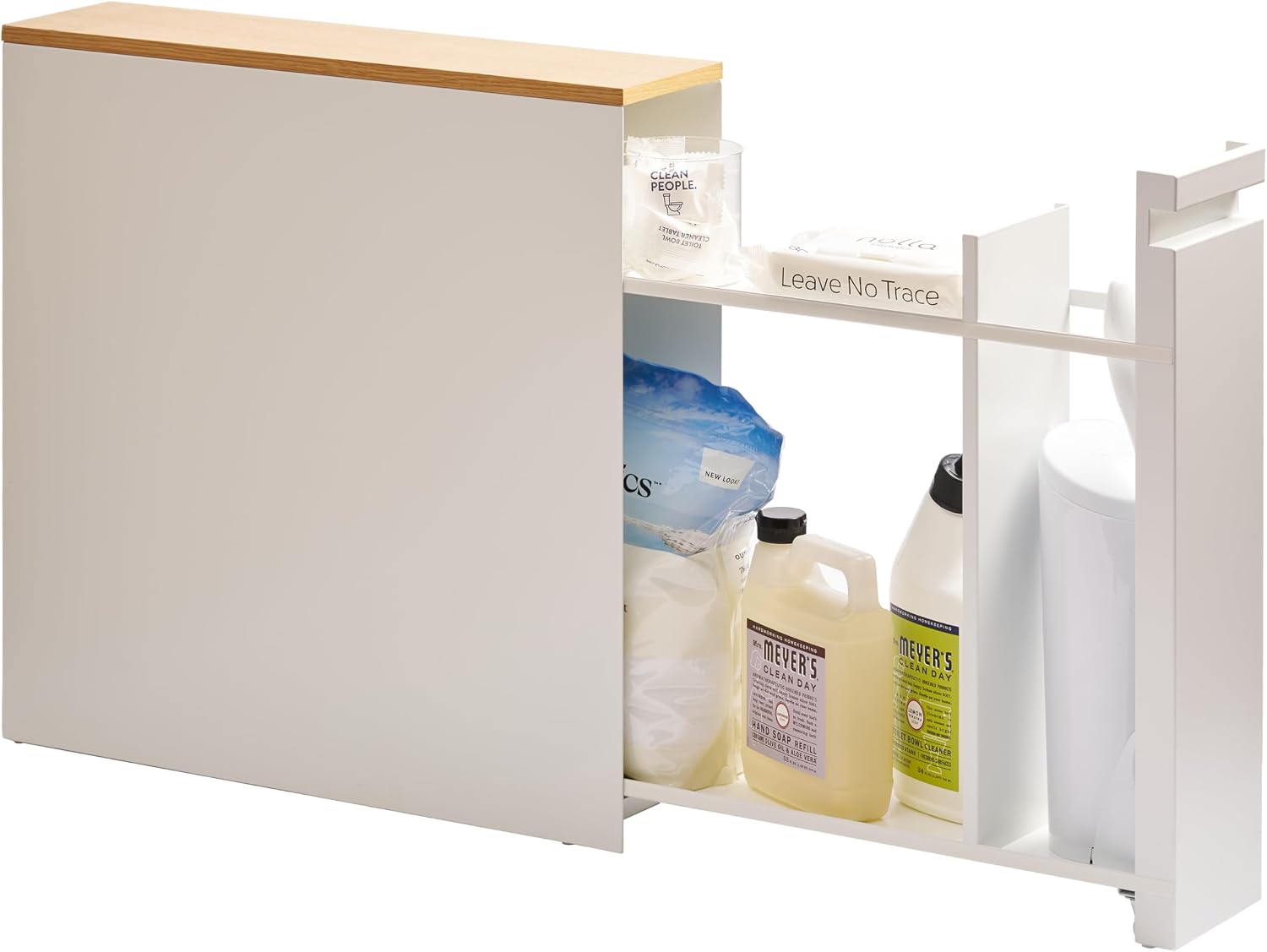 Space‑slim pull‑out bathroom storage cabinet holds toilet rolls & cleaning gear, with magnetic sides and decorative natural wood‑effect top for tidy modern bathrooms.