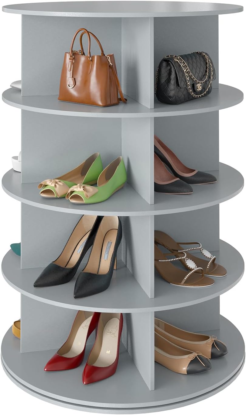 Space‑saving 7‑tier rotating shoe rack made of sturdy solid board, 360‑degree spinning access for shoes, bags and hats, quick‑assembly modern storage for your closet.