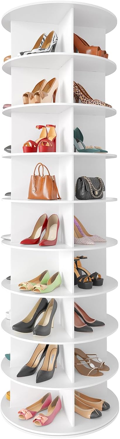 Space‑saving 7‑tier rotating shoe rack made of sturdy solid board, 360‑degree spinning access for shoes, bags and hats, quick‑assembly modern storage for your closet.