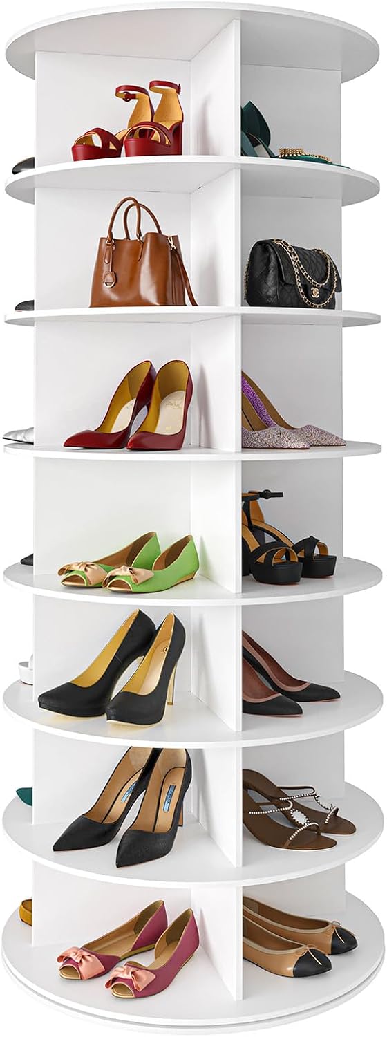 Space‑saving 7‑tier rotating shoe rack made of sturdy solid board, 360‑degree spinning access for shoes, bags and hats, quick‑assembly modern storage for your closet.