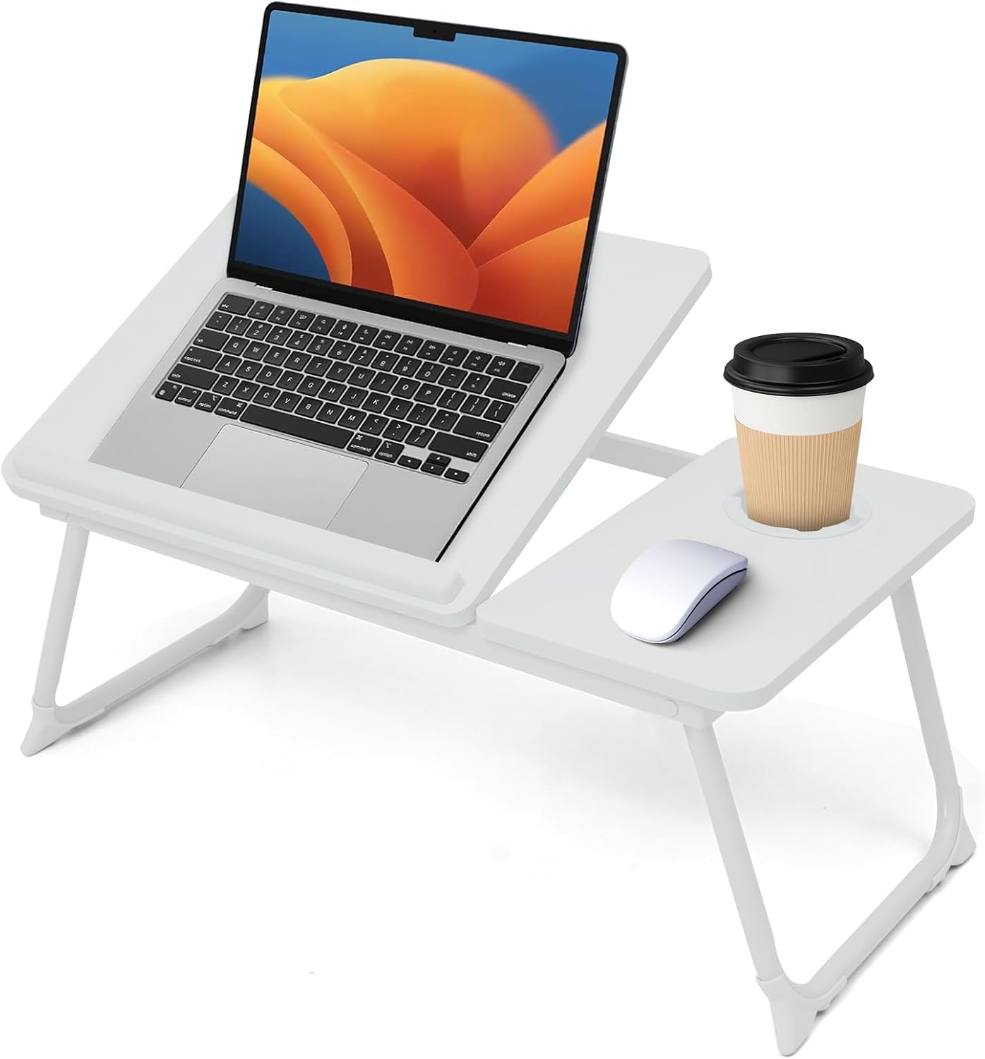 Practical split‑top folding lap desk with angle‑adjustable panel, lockable metal legs and non‑slip feet, ideal for laptop work, snacks and reading in bed or on the sofa.