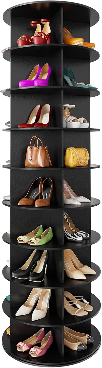 Space‑saving 7‑tier rotating shoe rack made of sturdy solid board, 360‑degree spinning access for shoes, bags and hats, quick‑assembly modern storage for your closet.