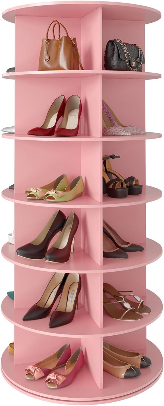 Space‑saving 7‑tier rotating shoe rack made of sturdy solid board, 360‑degree spinning access for shoes, bags and hats, quick‑assembly modern storage for your closet.