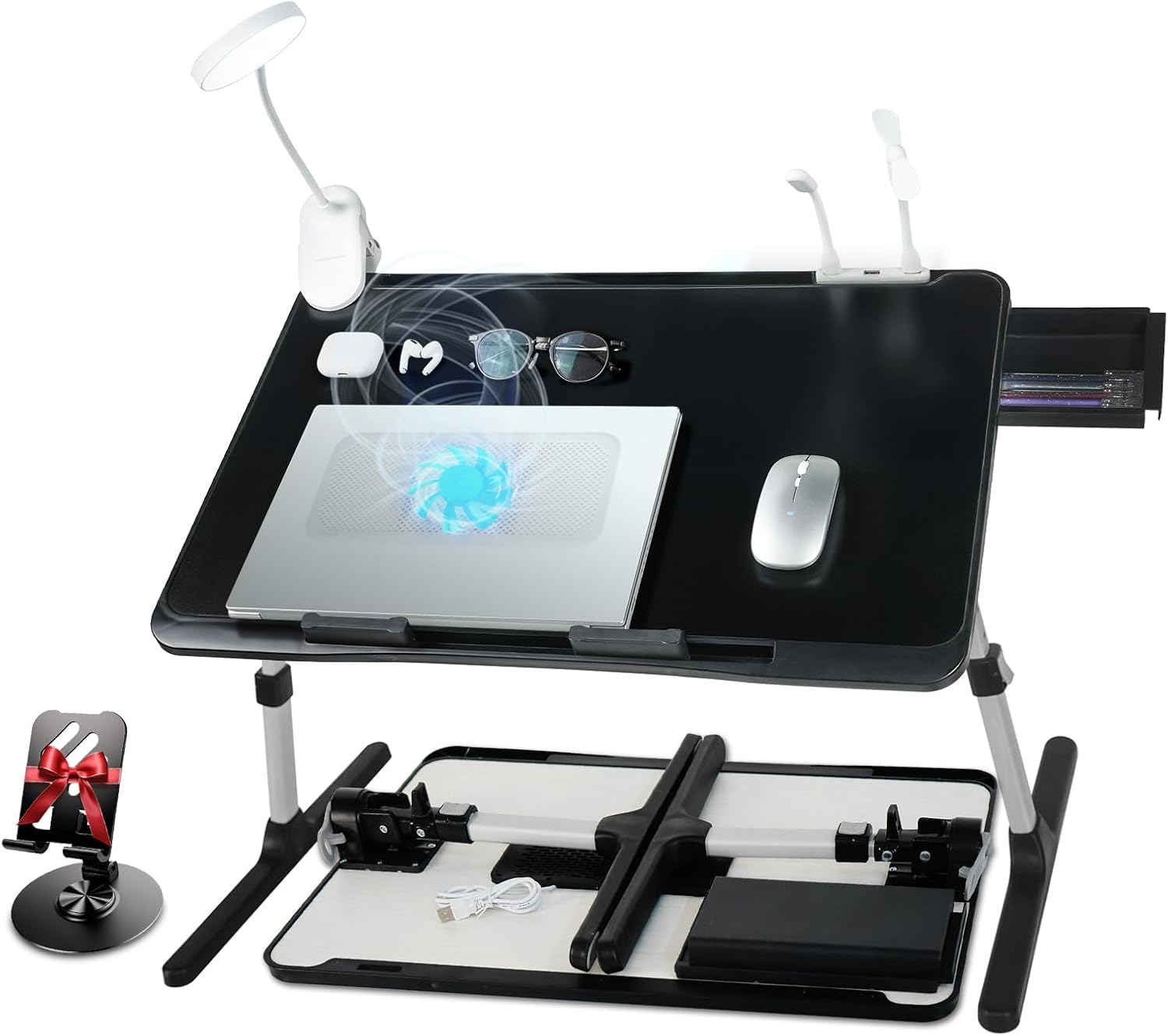 Ergonomic folding lap desk with cooling fan, dimmable USB LED lamp, adjustable height‑tilt and storage drawer, stable for laptop work in bed or on your sofa.