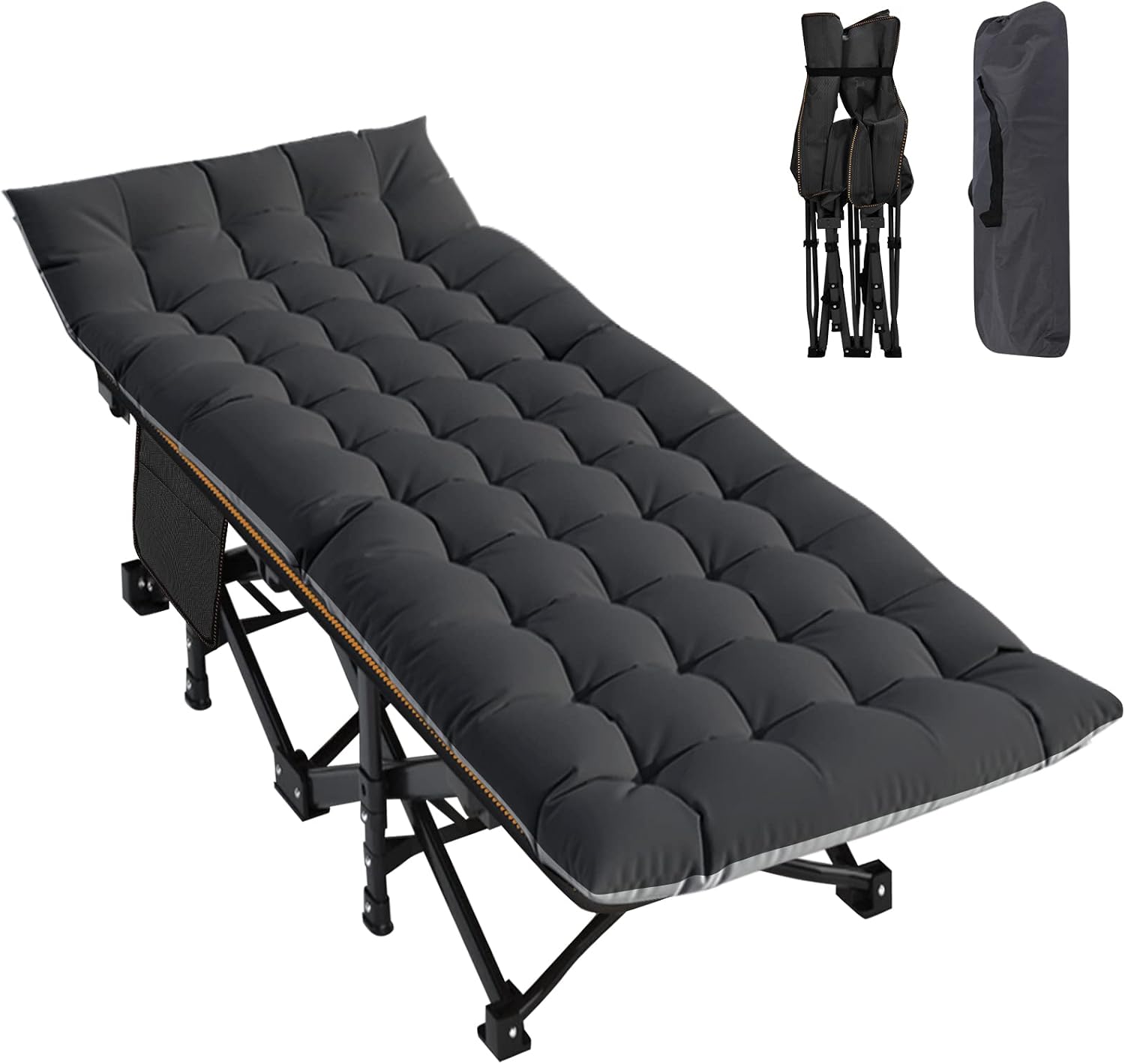 Heavy-duty folding camping cot with rust-proof steel frame and tough 1200D Oxford fabric, supporting 900lbs. Fast 10-second setup, removable dual-colour mattress and portable design for indoor and outdoor sleeping.