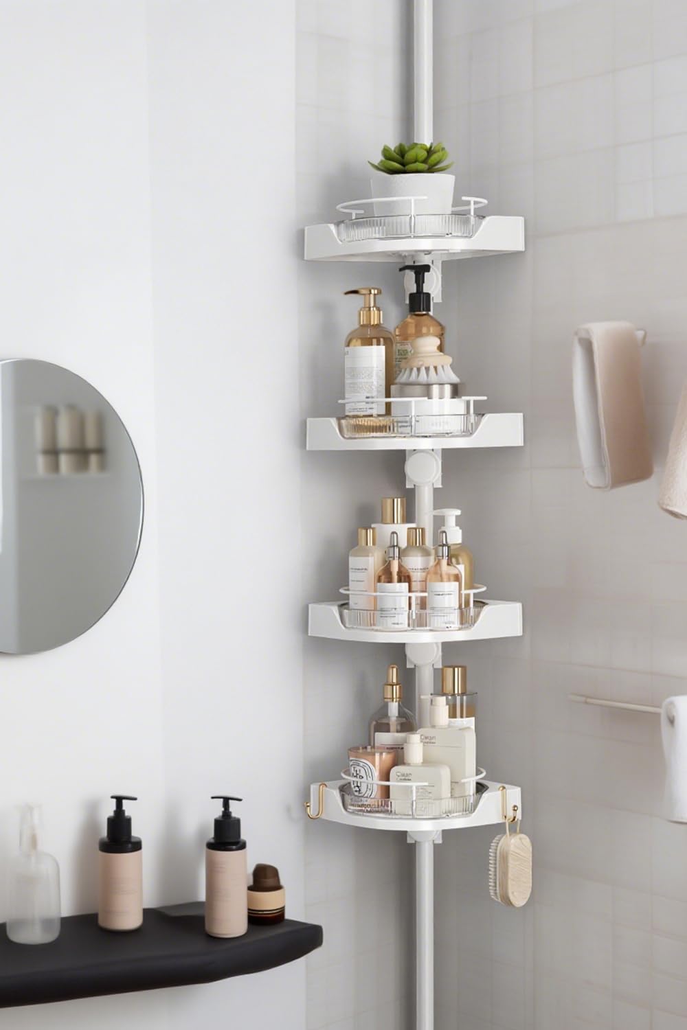Upgraded rust‑proof tension shower caddy, 360° rotating shelves with hooks, tool‑free fitting for bathroom corner storage.