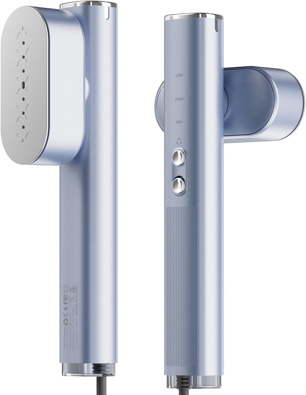 Lightweight compact handheld clothes steamer with steady fine steam, 100‑240V compatible, deodorises and removes wrinkles for travel and home use.