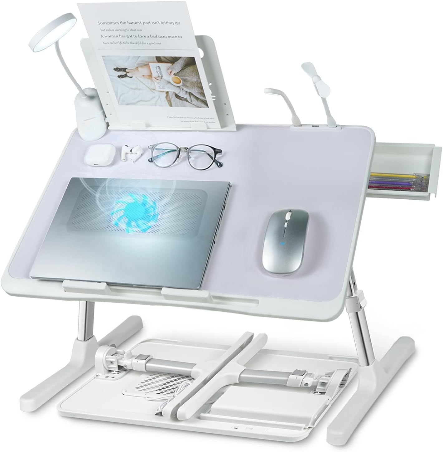 Ergonomic folding lap desk with cooling fan, dimmable USB LED lamp, adjustable height‑tilt and storage drawer, stable for laptop work in bed or on your sofa.