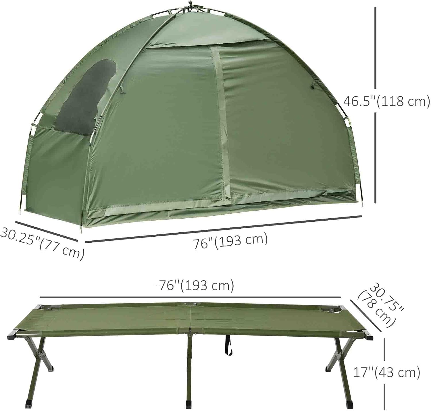 All‑in‑one single‑person camping cot‑tent combo with fast‑fold setup, wind‑resistant fabric and sturdy steel legs supporting 225 lbs, elevating you off rough ground for fair‑weather outdoor sleeping.
