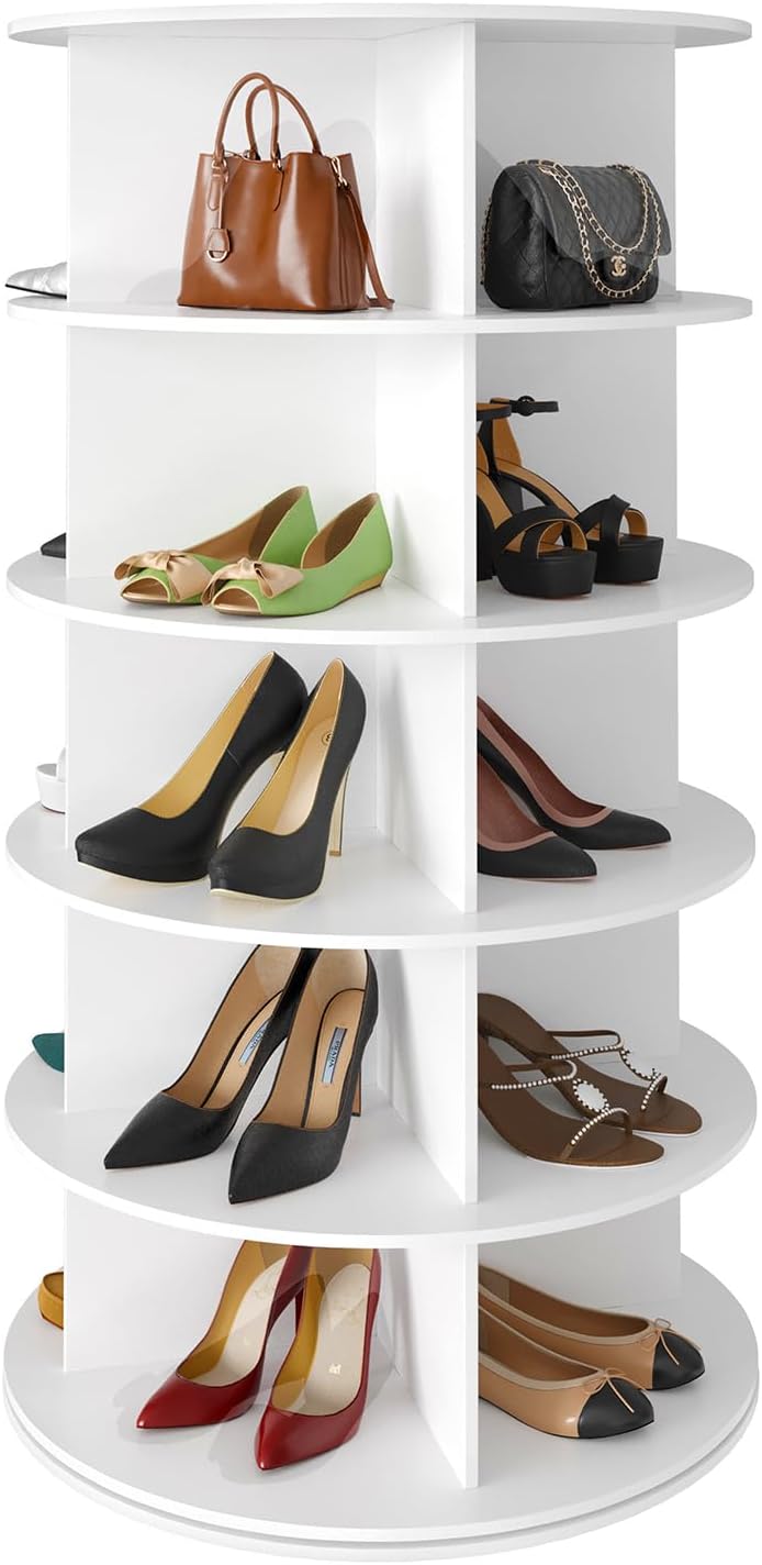 Space‑saving 7‑tier rotating shoe rack made of sturdy solid board, 360‑degree spinning access for shoes, bags and hats, quick‑assembly modern storage for your closet.