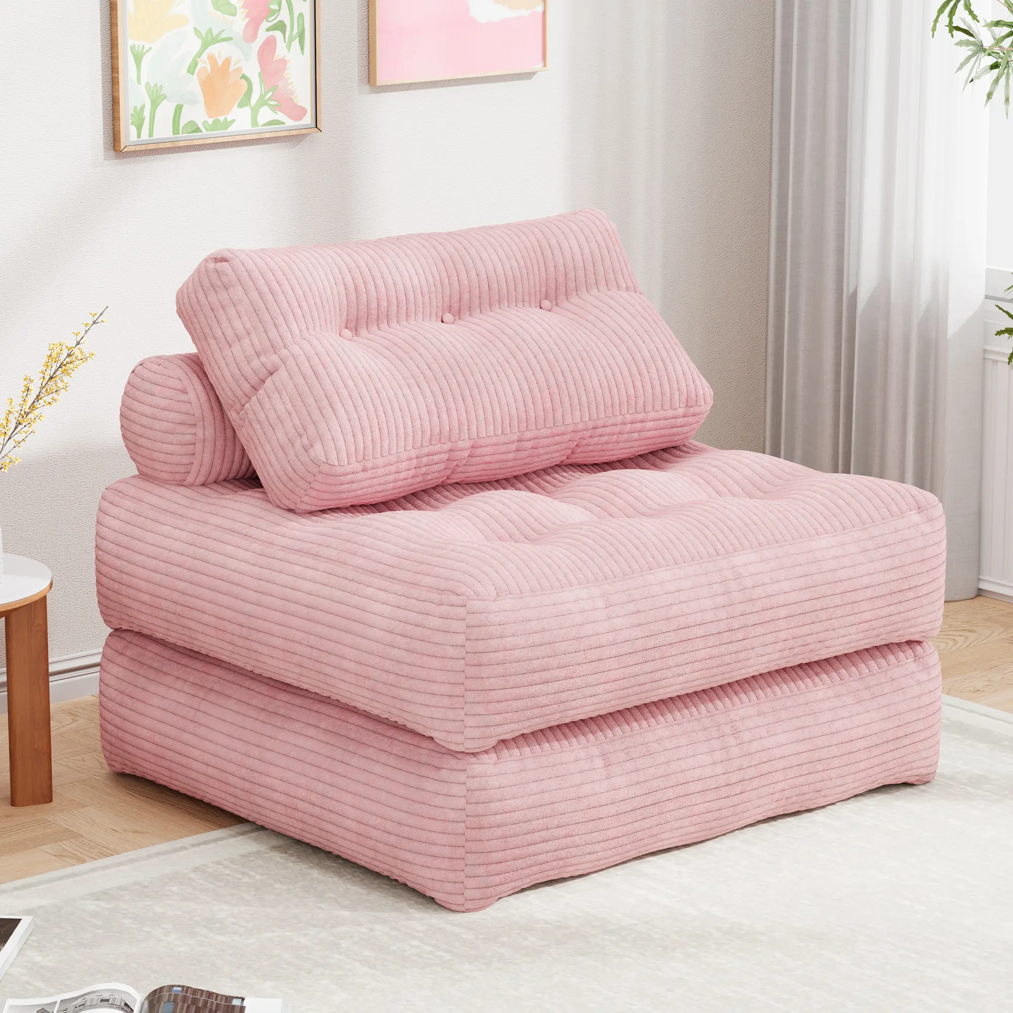 Cnmcld Folding Sofa Bed with Headrest & Lumbar Pillows, 3‑in‑1 Convertible Couch for Sitting Lounging Sleeping, Soft Corded Fabric in Pink Gray Beige for Dorm Small Apartment