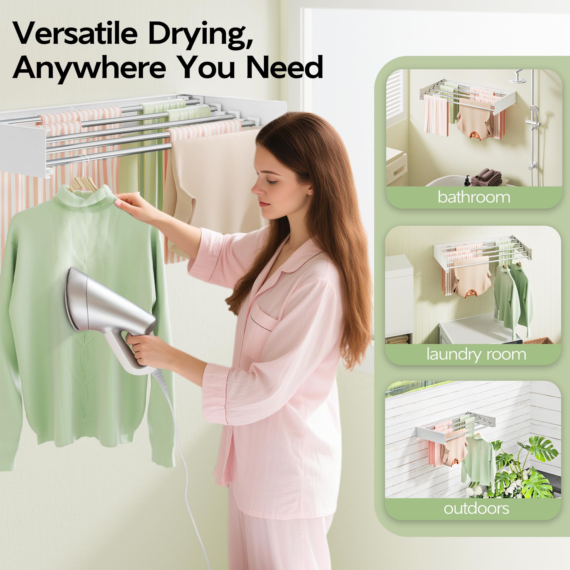 Foldable Wall Mounted Clothes Drying Rack, Wall Mount Laundry Rack Folding Indoor, Drying Rack Clothing Collapsible, Hidden Space Saver with Wall Template