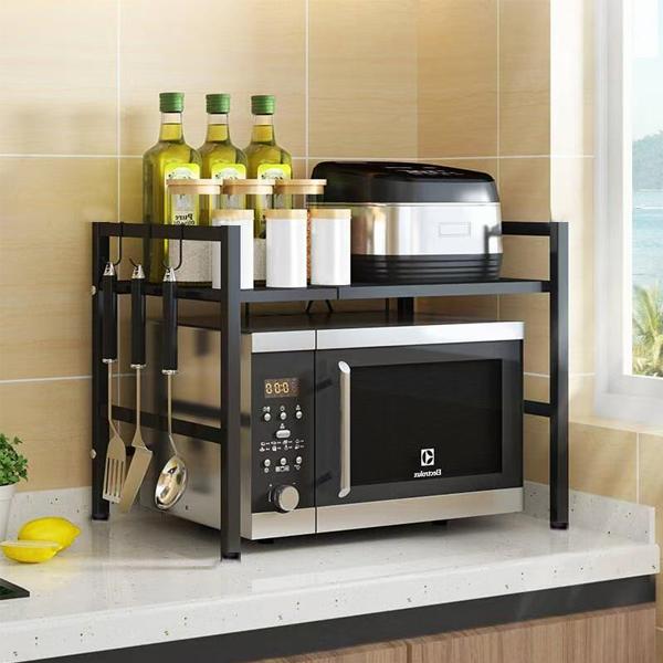 Adjustable Extendable Double-Layer Carbon Steel Microwave Rack - Kitchen Organization Solution for Home Kitchens Small Spaces, Spices Up Top Shelf, Assembly Required, for Countertop Utensils, Dishes & Small Appliances, Dorms