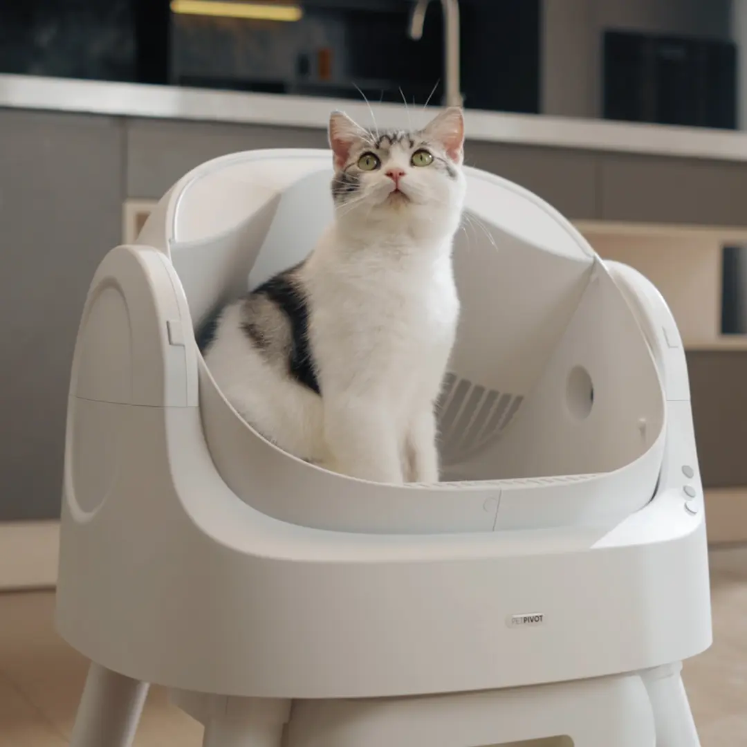 Open‑top self‑cleaning cat litter box with infrared safety sensors, odour‑locking sealed waste drawer, whisper‑quiet 32dB operation for up to 14‑days hands‑free cleaning.
