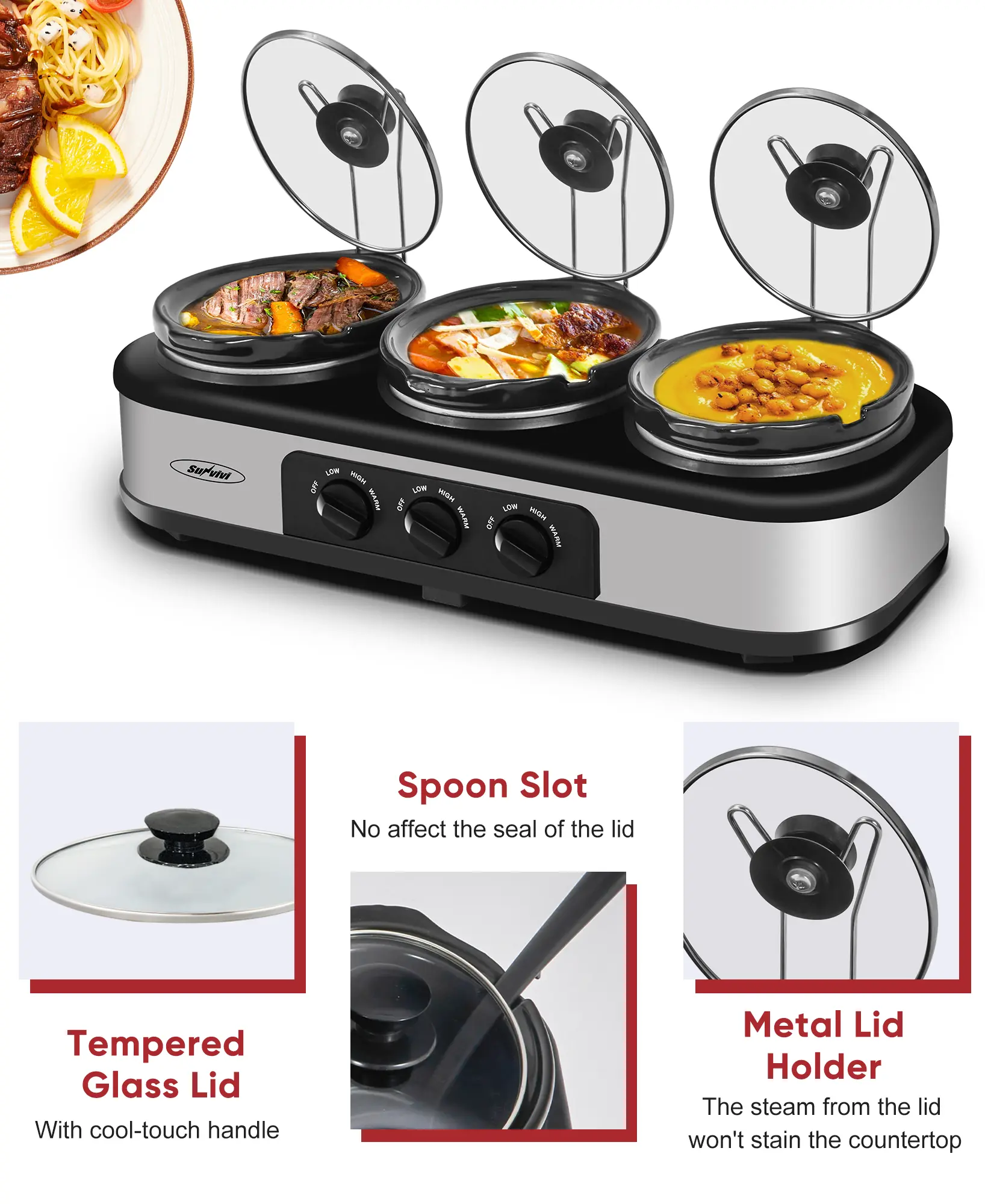 Triple‑pot slow cooker with independent temperature controls, cook three dishes at once, dishwasher‑safe pots, ideal for family meals and entertaining guests.
