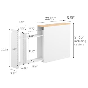Space‑slim pull‑out bathroom storage cabinet holds toilet rolls & cleaning gear, with magnetic sides and decorative natural wood‑effect top for tidy modern bathrooms.