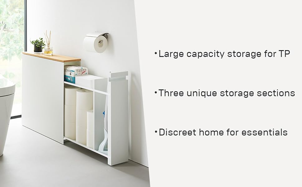 Space‑slim pull‑out bathroom storage cabinet holds toilet rolls & cleaning gear, with magnetic sides and decorative natural wood‑effect top for tidy modern bathrooms.