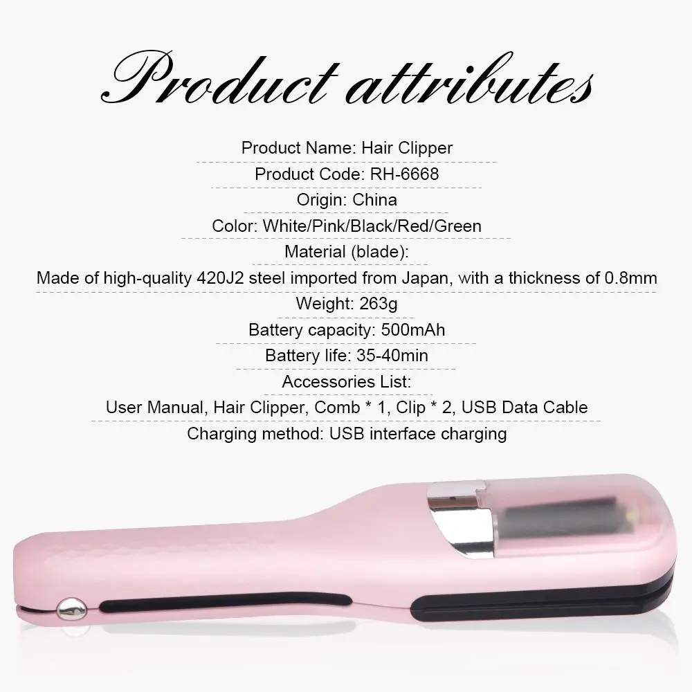 Lightweight USB‑rechargeable hair trimmer with automatic cutting for split‑end trimming, compact for home and travel and available in multiple colours as a handy gift.