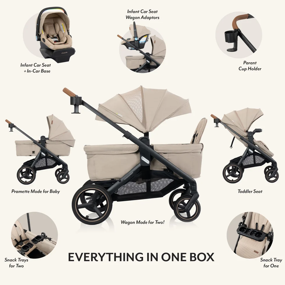 All-in-one convertible stroller and wagon travel system with smart safety monitoring, soothing functions, all-terrain wheels and eco-friendly fabric for newborns to toddlers.