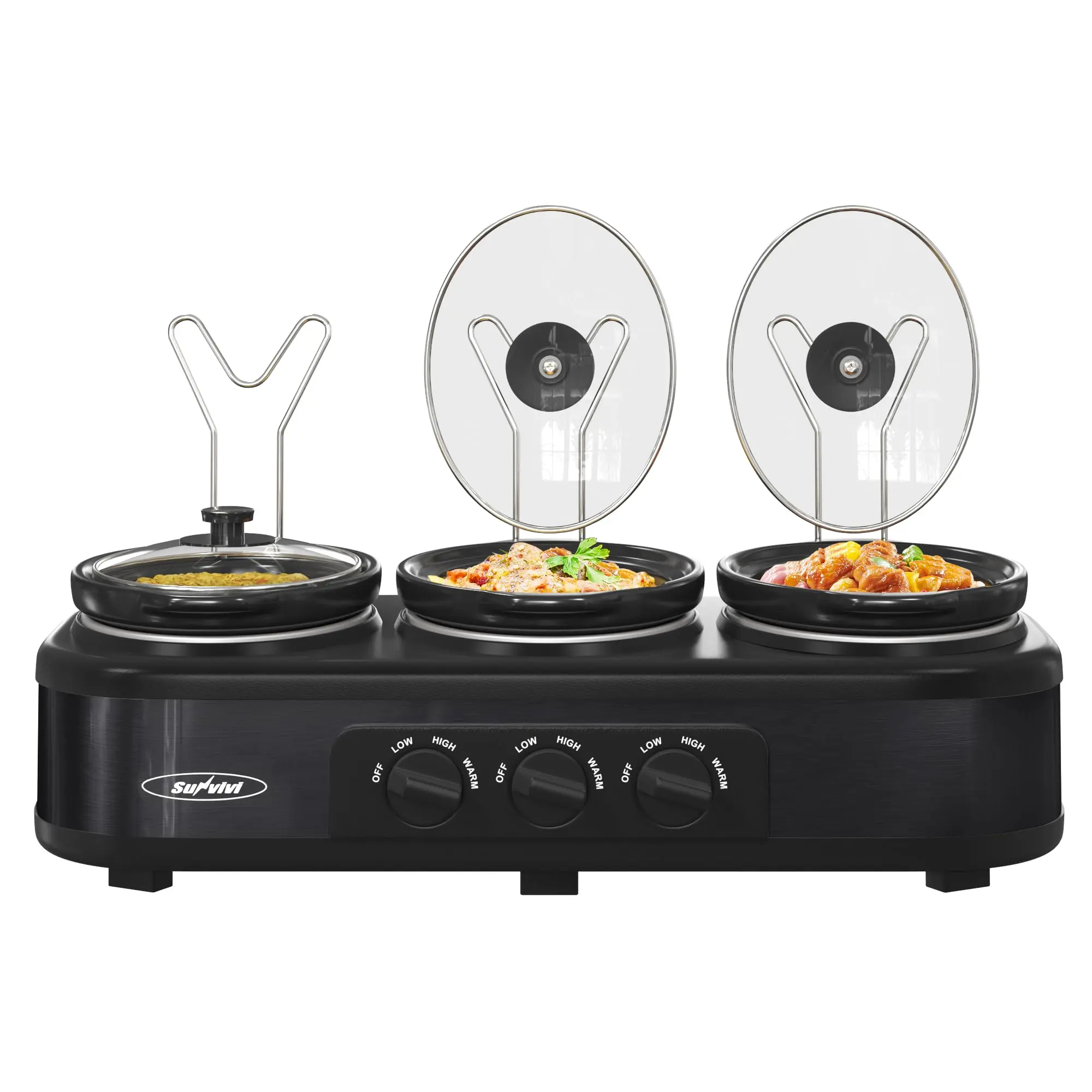 Triple‑pot slow cooker with independent temperature controls, cook three dishes at once, dishwasher‑safe pots, ideal for family meals and entertaining guests.