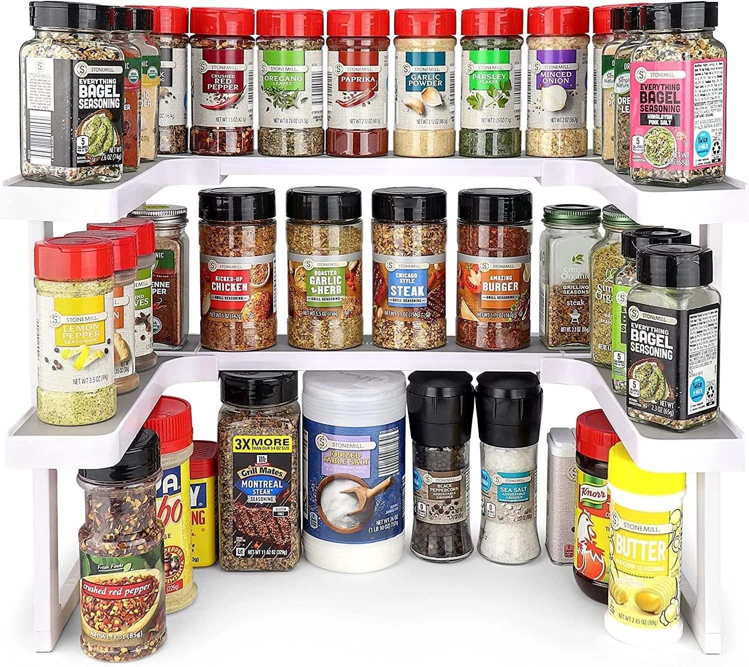 Reinforced adjustable cabinet organiser with non‑slip surface, holds 40 lbs, stores up to 64 spice jars. Versatile for spices, supplements and craft gear to tidy kitchen cupboards.