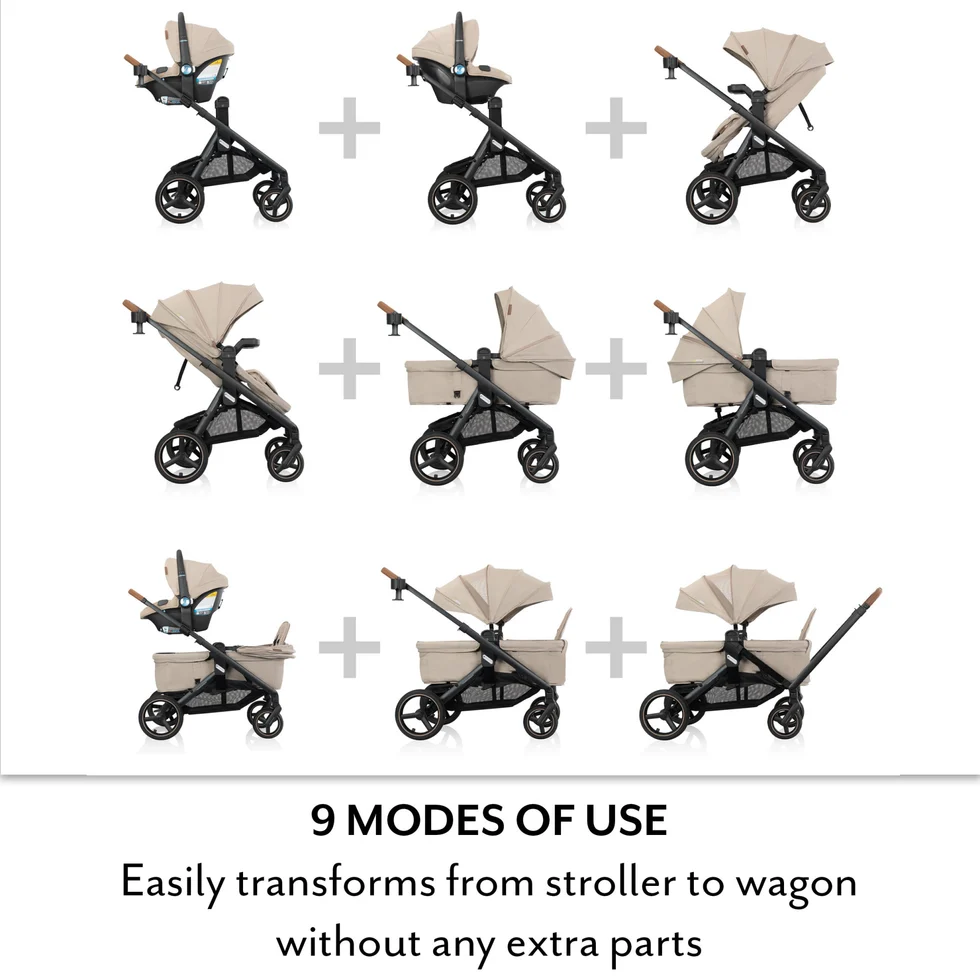 All-in-one convertible stroller and wagon travel system with smart safety monitoring, soothing functions, all-terrain wheels and eco-friendly fabric for newborns to toddlers.