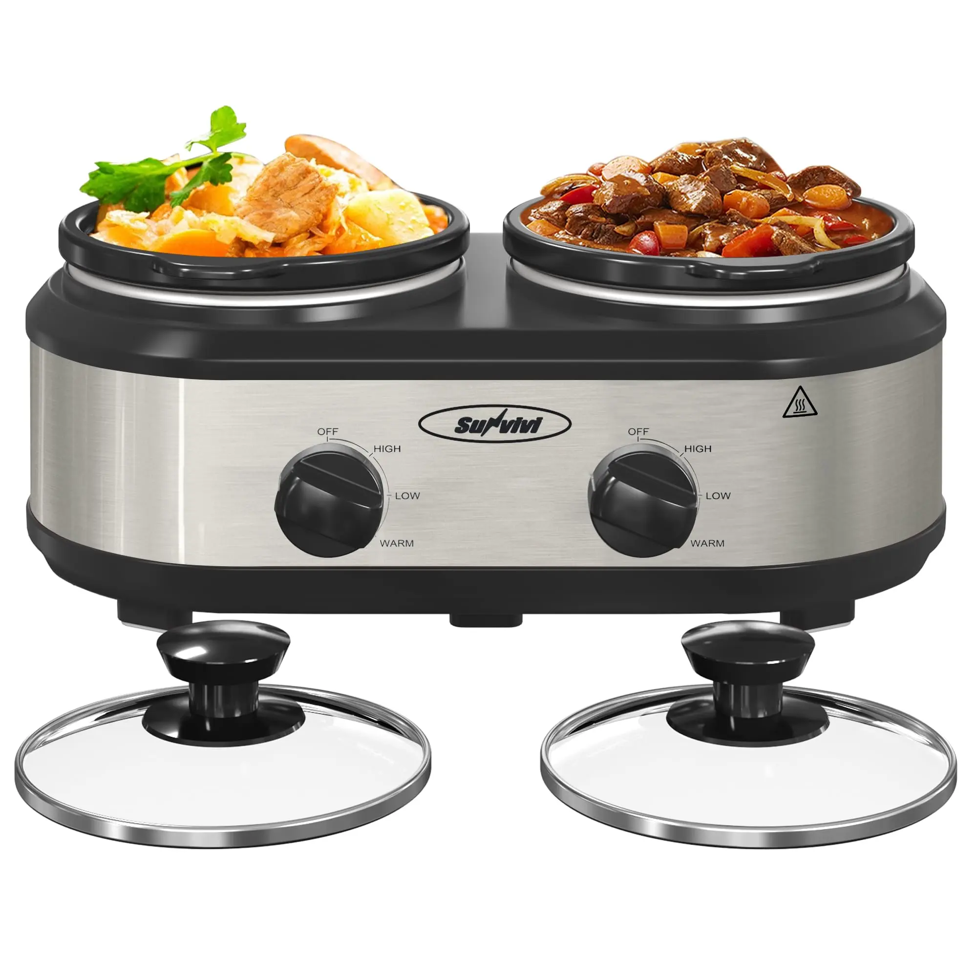 Triple‑pot slow cooker with independent temperature controls, cook three dishes at once, dishwasher‑safe pots, ideal for family meals and entertaining guests.
