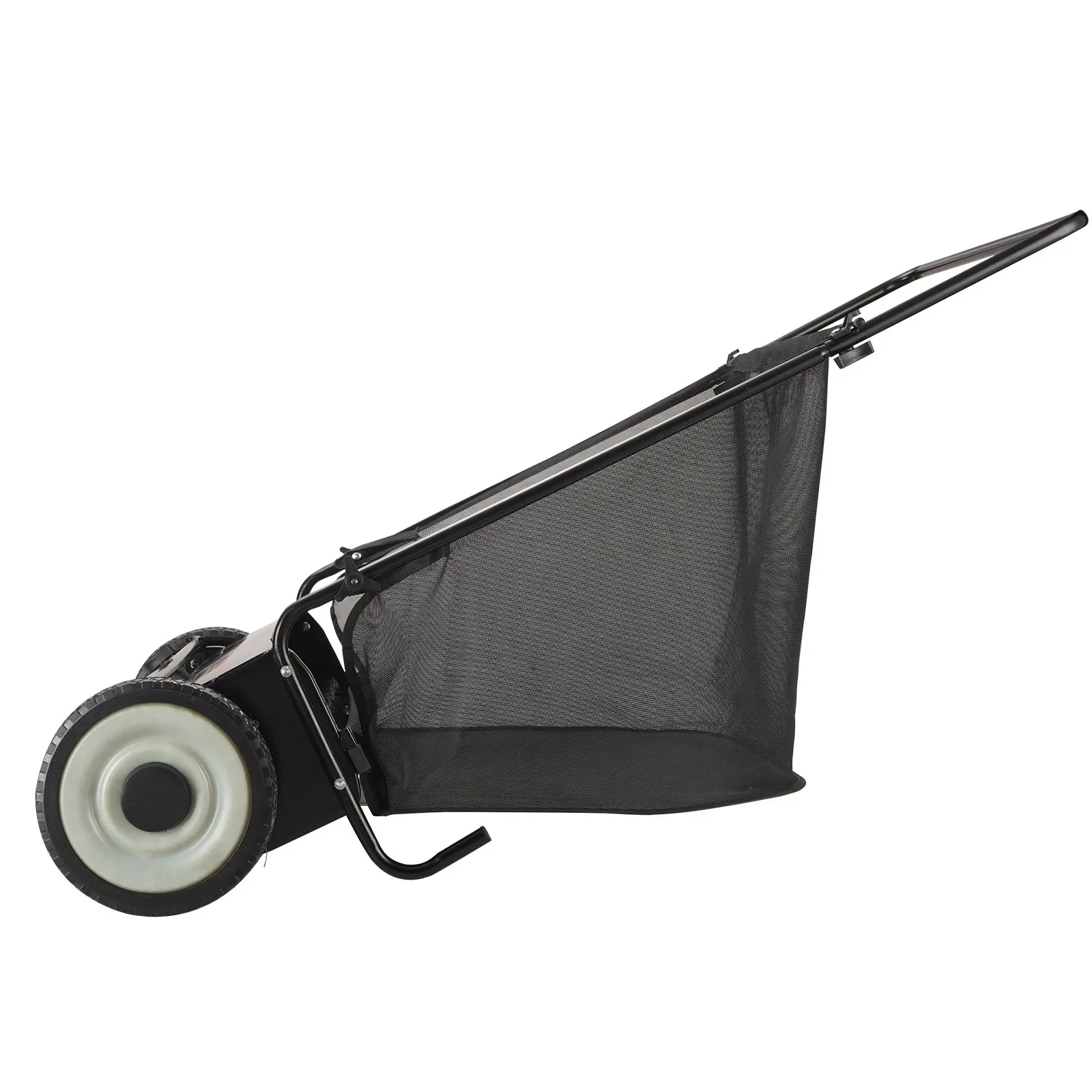 26‑inch manual push lawn sweeper with adjustable‑height dense spinning brushes, heavy‑duty steel frame and large 7 ft³ hopper bag for easy garden leaf and grass‑debris clearance.